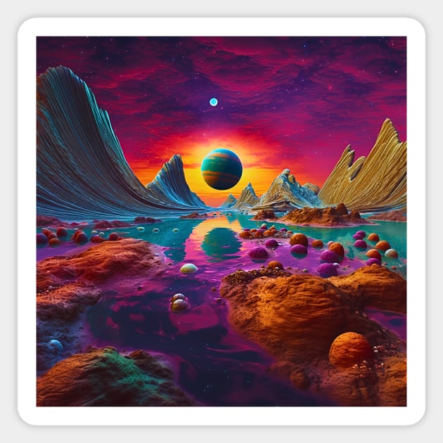 Neon Dreamscape, Ethereal Horizons of an Alien Planet Sticker by Nebula Nexus